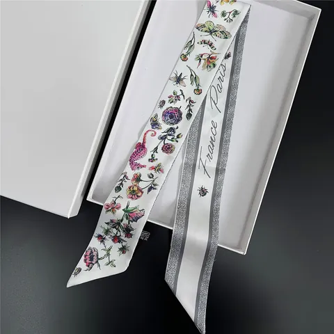 French Elegant Satin Skinny Scarf For Women Floral Butterfly Rose Print Ribbon Bag Wrap Hair Tie Fashion Twilly Neck Scarf
