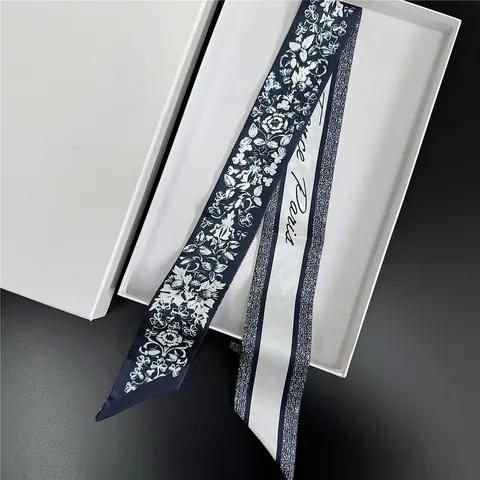 Floral Satin Twilly Scarf Elegant Paris Lettering Silk Feeling Narrow Handle Ribbon For Handbags Headband Neck Scarf