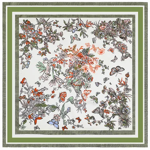 Women Fashion Satin Square Scarf Botanical Butterfly Floral Print Large Bandana Decorative Shawl Elegant Head Neck Scarf Wraps