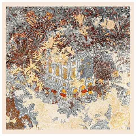 Carré de Soie en Satin Imprimé Architecture de la Jungle Secret Garden pour Femmes Rétro Protection Solaire Toucher Soie Bandana