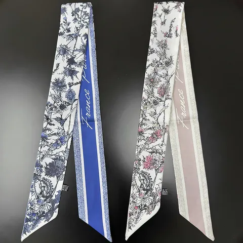 Vintage French Style Narrow Satin Scarf Floral Butterfly Print Decorative Neckerchief Hair Tie Bag Ribbon For Women