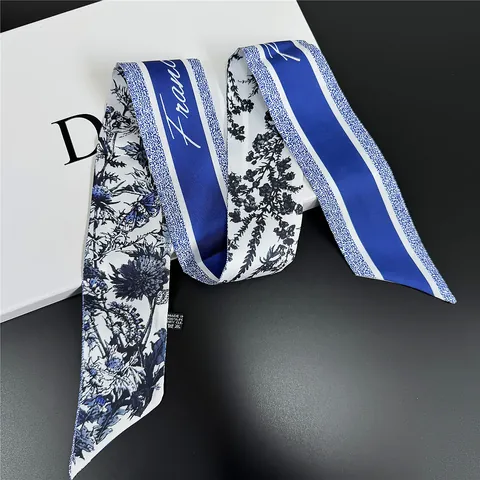 Vintage French Style Narrow Satin Scarf Floral Butterfly Print Decorative Neckerchief Hair Tie Bag Ribbon For Women