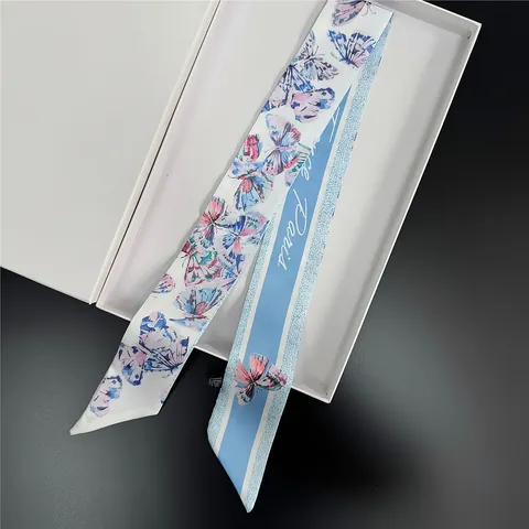 Fashion Butterfly Floral Print Satin Neck Scarf Women Narrow Twilly Bag Handle Wrap Headband Elegant Silk Like Ribbon Accessory