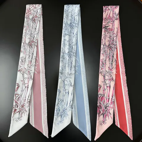 Women Elegant Satin Narrow Scarf Twilly With Bamboo Floral Print Digital Printed Neck Tie Hair Band Bag Accessory Gift