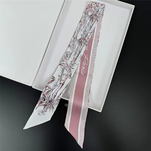 Women Elegant Satin Narrow Scarf Twilly With Bamboo Floral Print Digital Printed Neck Tie Hair Band Bag Accessory Gift