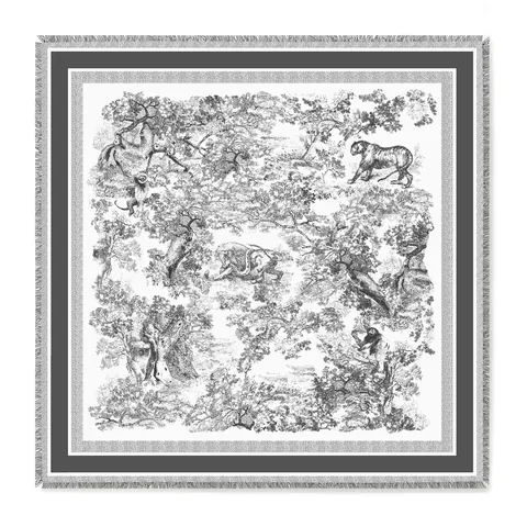 Vintage French Toile de Jouy Animal Jungle Print Satin Scarf For Women Large Square Tassel Shawl Wrap Autumn Fashion Outdoor Accessory