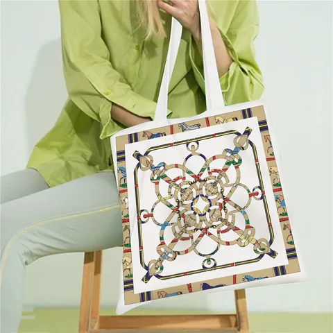 Large Capacity Canvas Tote Bag For Women Vintage Equestrian Horse Print Shoulder Bag Daily Commuter Handbag