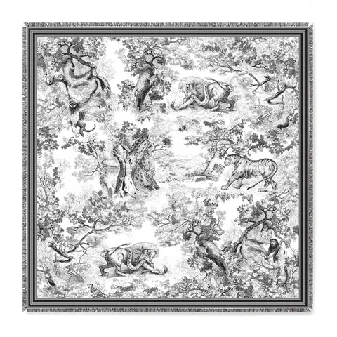 Vintage French Toile de Jouy Animal Jungle Print Satin Scarf For Women Large Square Tassel Shawl Wrap Autumn Fashion Outdoor Accessory