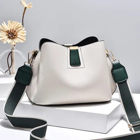 Borsa a Secchiello da Donna in Pelle PU con Motivo Litchi Tracolla in Tessuto Ampia Multitasche Borsa a Spalla Elegante