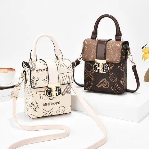 Women Vintage PU Leather Mobile Phone Bag Letter Print Woven Texture Small Crossbody Bag With Metal Lock Handbag For Travel Casual