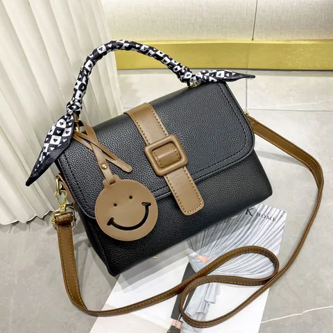 Fashion Women Litchi Grain PU Leather Top Handle Bag With Satin Scarf Wrap Smiley Face Charm Crossbody Shoulder Bag