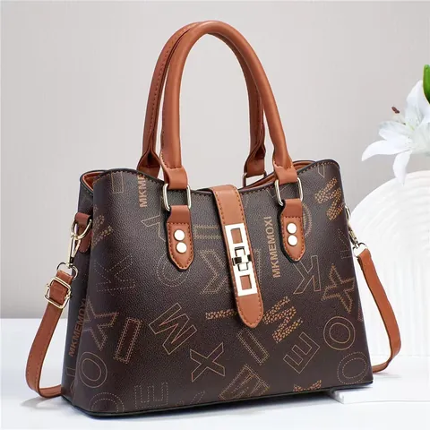 Fashion Women Monogram Letter Print PU Leather Tote Bag Vintage Checkerboard Handbag With Removable Shoulder Strap Large Capacity Crossbody Bag
