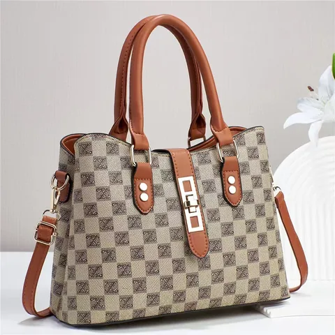 Fashion Women Monogram Letter Print PU Leather Tote Bag Vintage Checkerboard Handbag With Removable Shoulder Strap Large Capacity Crossbody Bag