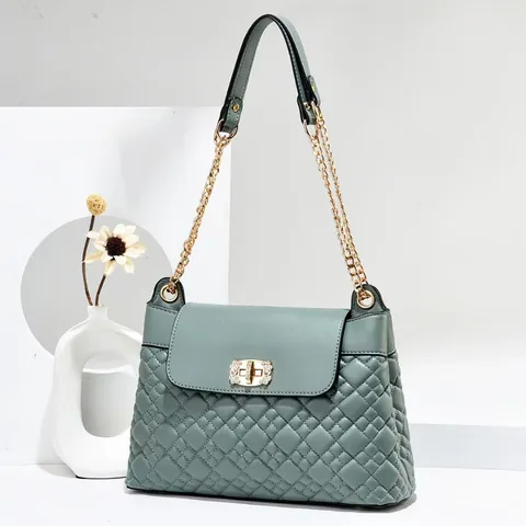 Women's Quilted Shoulder Bag PU Leather Rhombic Embossed Metal Chain Strap Rhinestone Twist Lock Fashion Crossbody Bag Travel Casual Messenger Bag