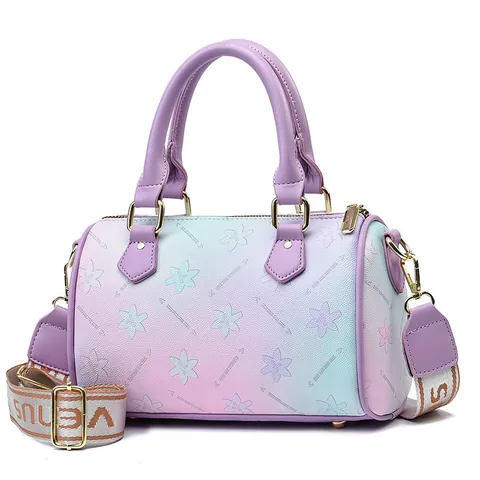 Women Gradient Floral Boston Bag Elegant PU Leather Top Handle Handbag With Wide Shoulder Strap Crossbody Bag Purse