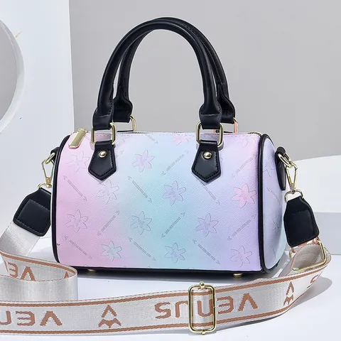 Women Gradient Floral Boston Bag Elegant PU Leather Top Handle Handbag With Wide Shoulder Strap Crossbody Bag Purse