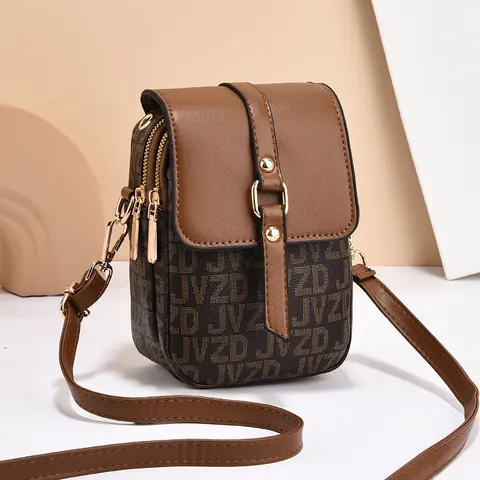 Women Vintage PU Leather Mobile Phone Bag Monogram Checkerboard Small Crossbody Shoulder Bag Multi-layer Pocket Wallet