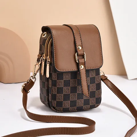 Women Vintage PU Leather Mobile Phone Bag Monogram Checkerboard Small Crossbody Shoulder Bag Multi-layer Pocket Wallet