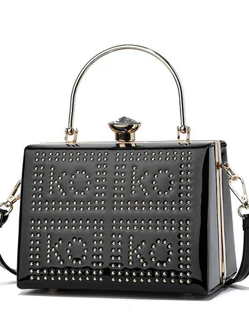 Women's Elegant Patent Leather Evening Bag With Rhinestone Buckle Rivet Letter Pattern Round Metal Handle Party Handbag