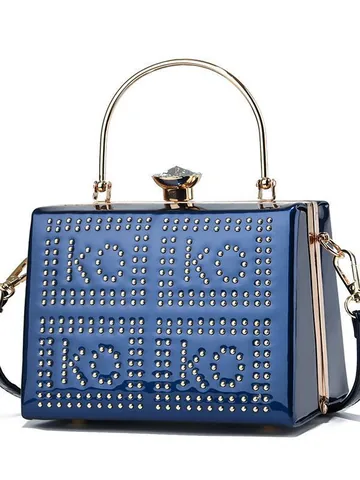 Women's Elegant Patent Leather Evening Bag With Rhinestone Buckle Rivet Letter Pattern Round Metal Handle Party Handbag