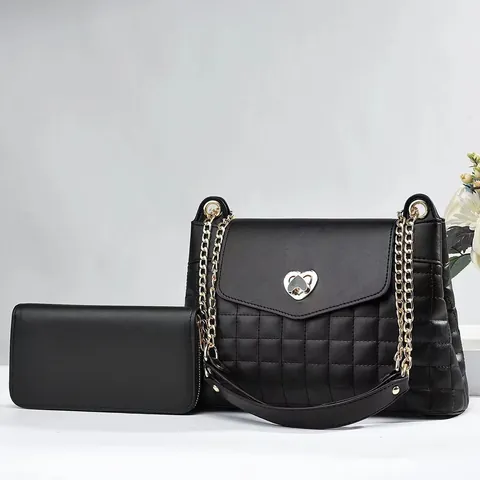 Women Rhombic Quilted Crossbody Bag And Long Wallet Set Heart Lock Chain Shoulder Bag PU Leather Fashion Purses