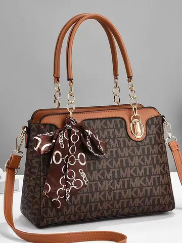 Damen Monogramm PU Leder Handtasche Mit Satin Schal Mode Freizeit Schulter Umhängetasche Für Büro Reise Täglich Kleidung