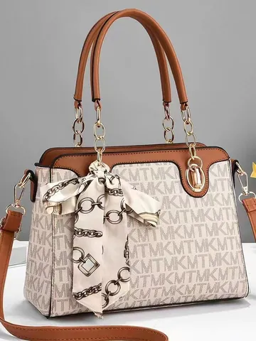 Damen Monogramm PU Leder Handtasche Mit Satin Schal Mode Freizeit Schulter Umhängetasche Für Büro Reise Täglich Kleidung