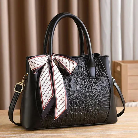 Fashion Women Crocodile Embossed PU Leather Handbag With Scarf Large Capacity Shoulder Crossbody Tote Bag Designer Style