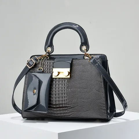 Elegant Women Crocodile Pattern Patent Leather Handbag And Mini Coin Purse Golden Lock Crossbody Satchel Retro Top Handle Bag