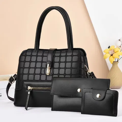 Women Embossed PU Leather Handbag Three Piece Set Large Capacity Tote Shoulder Bag Crossbody Purse With Clutch And Wallet
