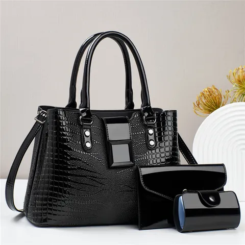 Women 3-Piece Handbag Set Crocodile Pattern Patent Leather Shoulder Crossbody Bag Large Capacity Vintage PU Leather Tote