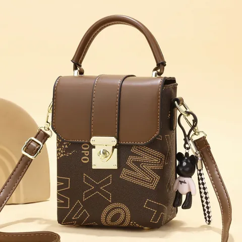 Women Vintage Letter Print Monogram Mobile Phone Bag Small Square PU Leather Crossbody Bag With Bear Charm Top Handle Metal Lock