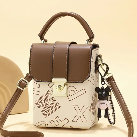 Women Vintage Letter Print Monogram Mobile Phone Bag Small Square PU Leather Crossbody Bag With Bear Charm Top Handle Metal Lock