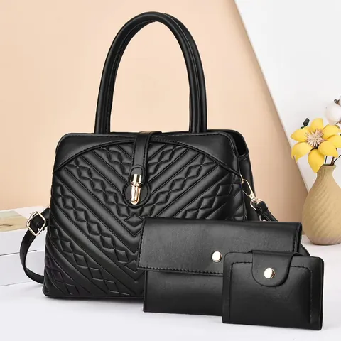 Bolso de Hombro Acolchado de Cuero PU Y Bolso de Mano Y Cartera de Sobre Y Billetera Plegable Herrajes Dorados Para Mujeres