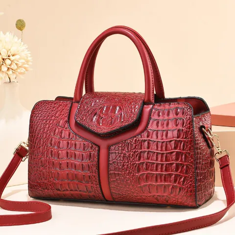 Women's Alligator Embossed PU Leather Shoulder Bag Large Capacity Solid Color Handbag With Top Handle And Crossbody Strap