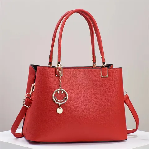 Women PU Leather Handbag Litchi Texture Smile Charm Top Handle Shoulder Bag Large Capacity Crossbody Satchel Tote
