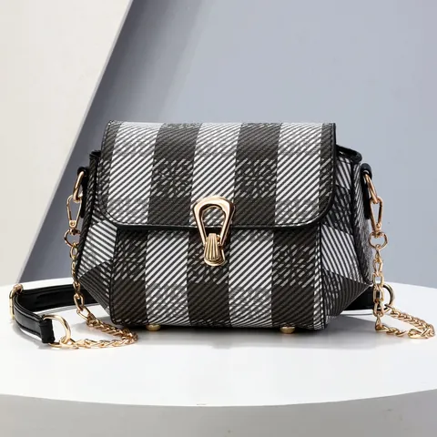 Women Plaid Striped PU Leather Small Square Crossbody Bag With Gold Chain Strap Metal Lock Fashion Shoulder Bag For Daily