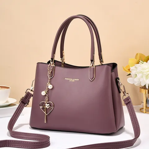 Elegante Bolso Tote de Mujer de Cuero PU Granulado Gran Capacidad Bolso de Mano Con Colgante de Corazón Perla Artificial Bandolera