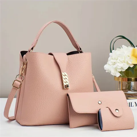 Women Shoulder Bag Set PU Leather Litchi Pattern Bucket Handbag Wallet Card Holder Versatile Fashion