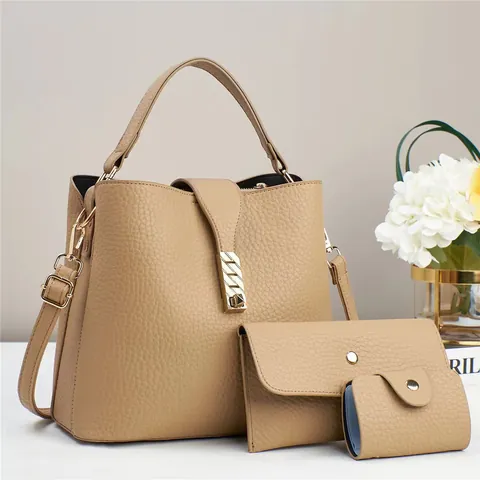 Women Shoulder Bag Set PU Leather Litchi Pattern Bucket Handbag Wallet Card Holder Versatile Fashion
