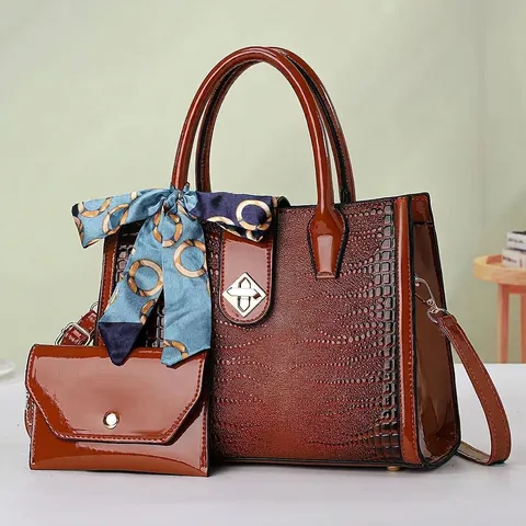Juego de Bolsos para Mujer Patrón de Cocodrilo Cuero Sintético Bolso Tote Y Cartera A Juego Con Pañuelo Decorativo