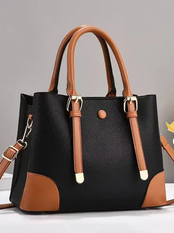 Women Trendy Large Capacity Lychee Pattern PU Leather Handbag Fashion Color Block Shoulder Crossbody Bag For Women Daily Business Commuting