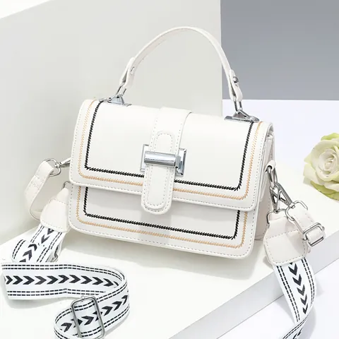 Fashion Women Square Crossbody Bag PU Leather Metal Buckle Wide Patterned Strap Contrast Stitching Handbag