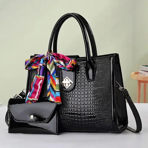 Juego de Bolsos para Mujer Patrón de Cocodrilo Cuero Sintético Bolso Tote Y Cartera A Juego Con Pañuelo Decorativo