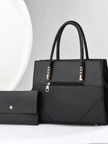 Women PU Leather Tote Bag And Matching Wallet Large Capacity Solid Color Shoulder Bag Handbag With Gold Hardware Fashion Bag Set