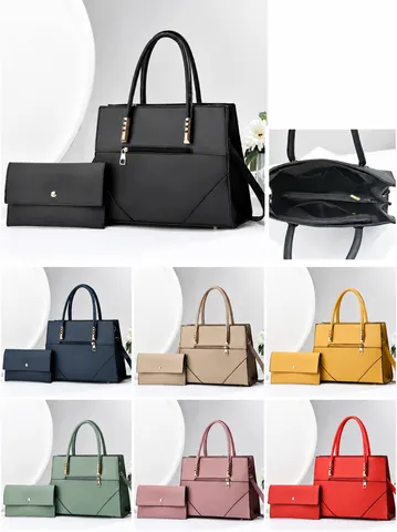 Women PU Leather Tote Bag And Matching Wallet Large Capacity Solid Color Shoulder Bag Handbag With Gold Hardware Fashion Bag Set