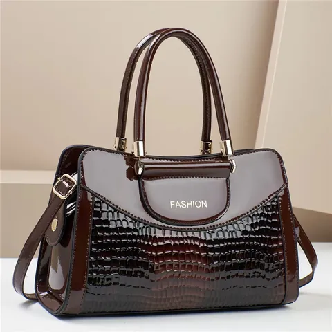 Women Handbag Crossbody Bag Patent PU Leather Crocodile Pattern Contrast Color Top Handle Shoulder Bag Urban Fashion