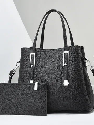 Borsa Tote da Donna in Pelle PU con Motivo Coccodrillo Con Pochette Abbinata Borsa a Mano Moda Business Tracolla Rimovibile