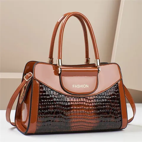 Women Handbag Crossbody Bag Patent PU Leather Crocodile Pattern Contrast Color Top Handle Shoulder Bag Urban Fashion
