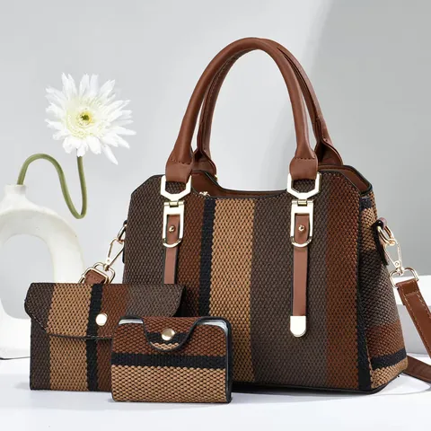 Damen Gestreift Gewebt Einkaufstasche Mit Clutch Geldbörse Und Kartenhalter Große Kapazität Schulterhandtasche Patchwork Set